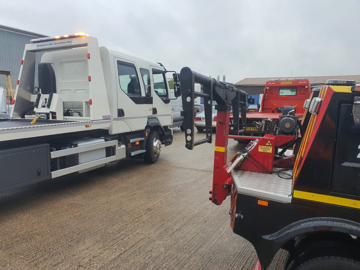 A Breakdown Man recovery truck in the yard, ready for roadside breakdown jobs near Leigh.
