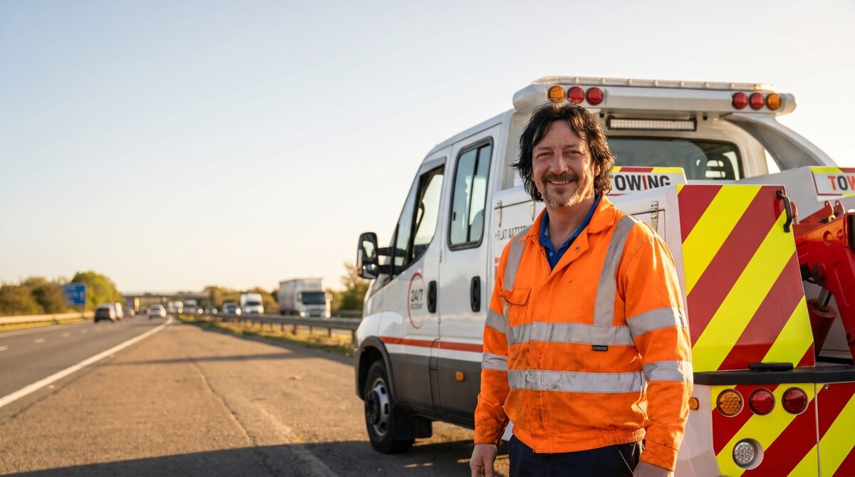 Breakdown Man recovery operator in orange high-visibility jacket smiling beside a white Iveco 24/7 Recovery truck on the A580 hard shoulder under a clear golden-hour sky.