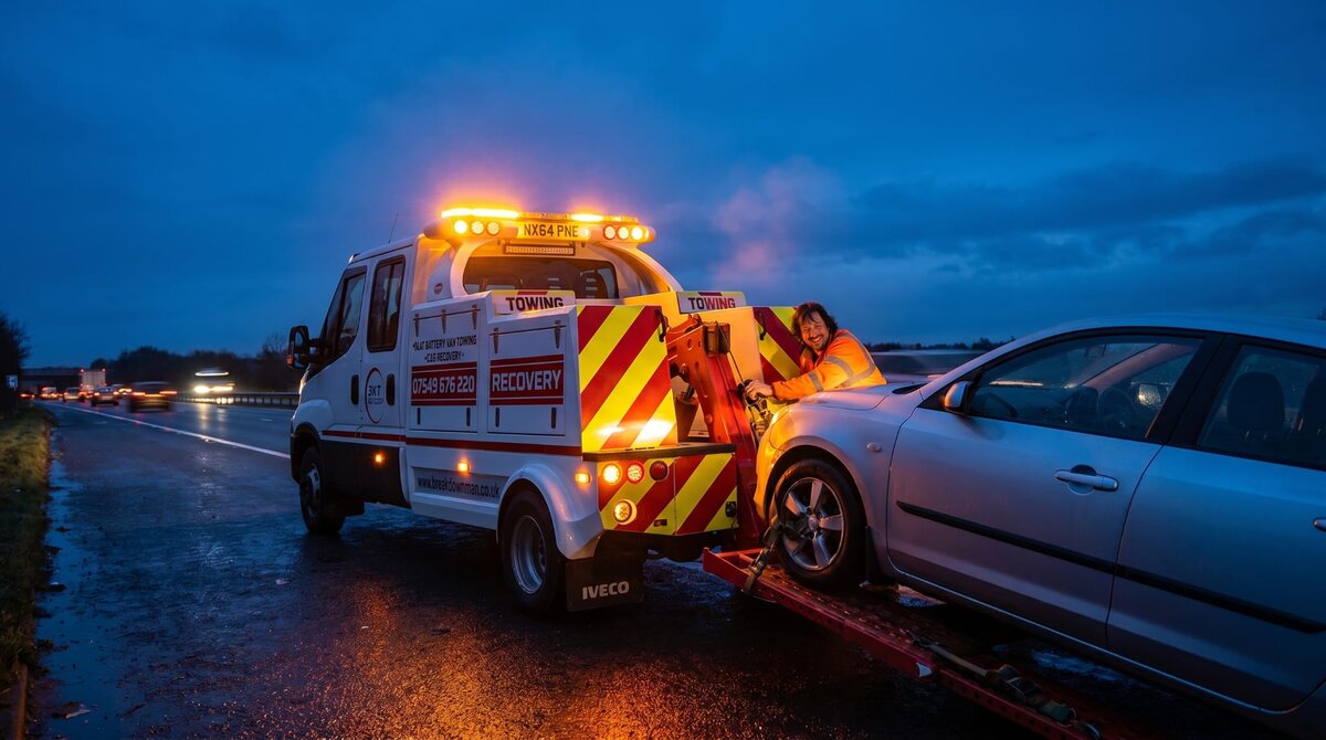 Breakdown Man Iveco recovery truck loading a silver car at dusk on the motorway near Wigan.